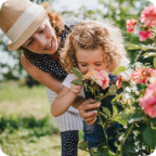 A young girl smells a pink rose while walking in a garden with her mother.